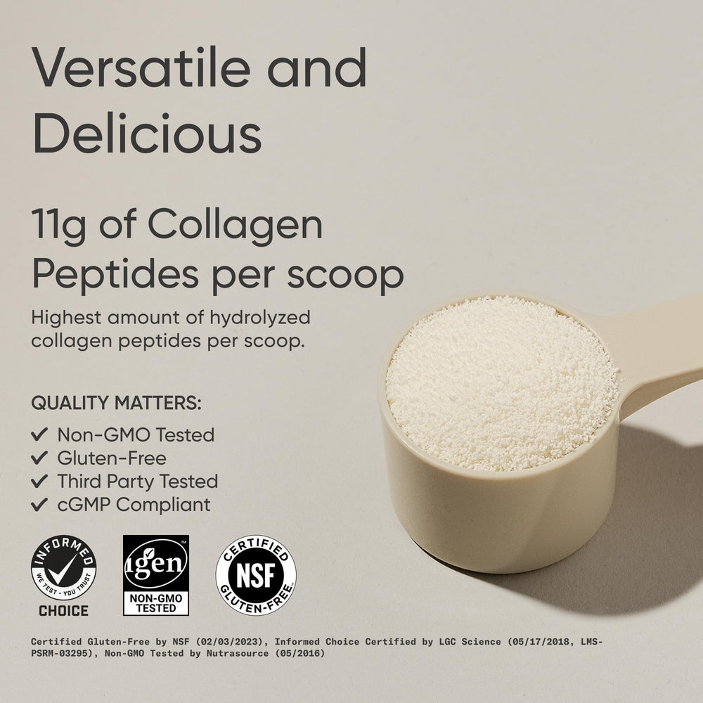Close-up of collagen peptides powder and scoop