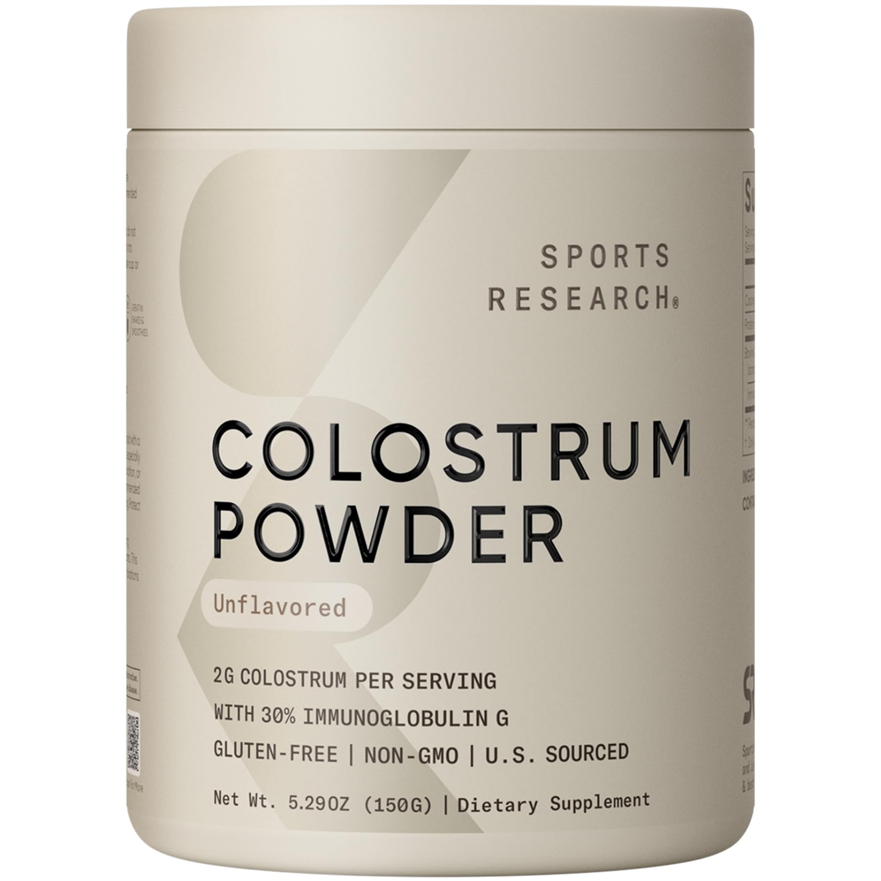 Sports Research Colostrum Powder bottle—U.S.-sourced formula for daily gut support
