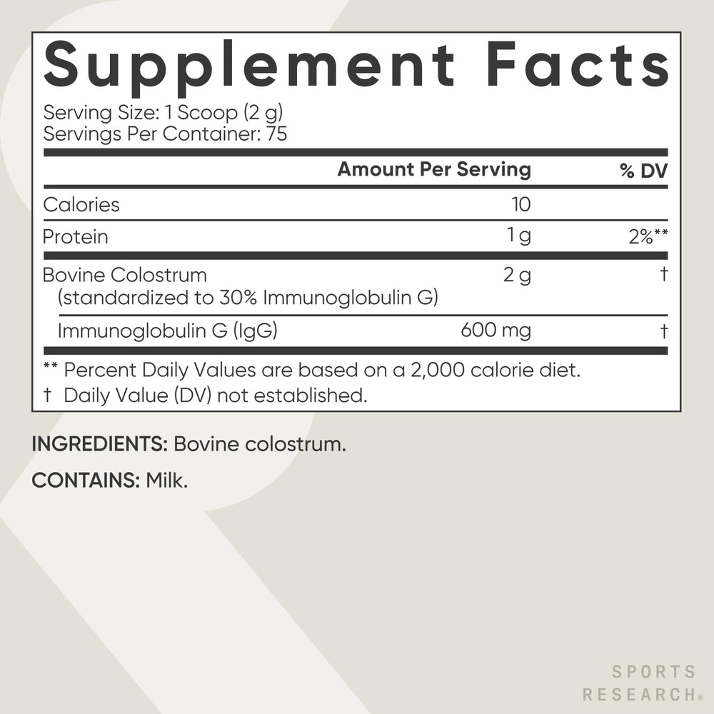 Sports Research Colostrum Powder tub—unflavored, gluten-free, convenient 75 servings