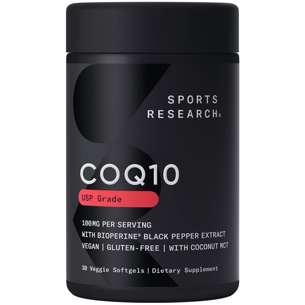 Sports Research CoQ10 100mg bottle with coconut oil and Bioperine