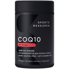 Sports Research CoQ10 100mg bottle with coconut oil and Bioperine