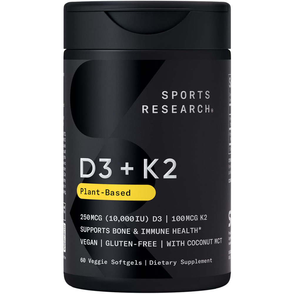Front label of Sports Research Vitamin D3 + K2 60-count bottle showing 10,000 IU D3 and 100 mcg MK-7