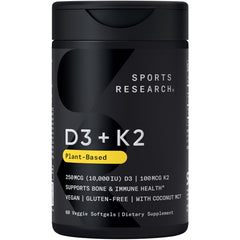Front label of Sports Research Vitamin D3 + K2 60-count bottle showing 10,000 IU D3 and 100 mcg MK-7