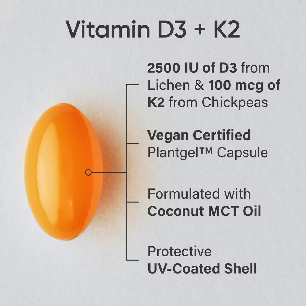 Close-up of vegan D3 2500 IU and K2 100 mcg softgels