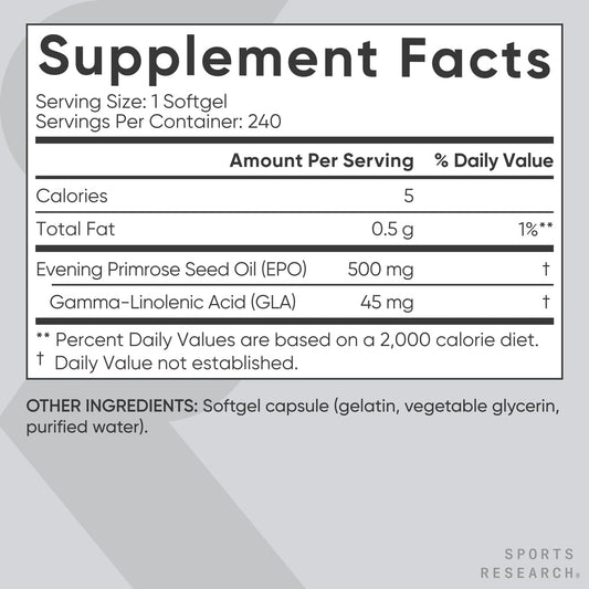 Close-up of Evening Primrose Oil 500mg label showing 10% GLA