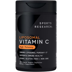 Sports Research high-potency liposomal vitamin C bottle pouring for daily use.