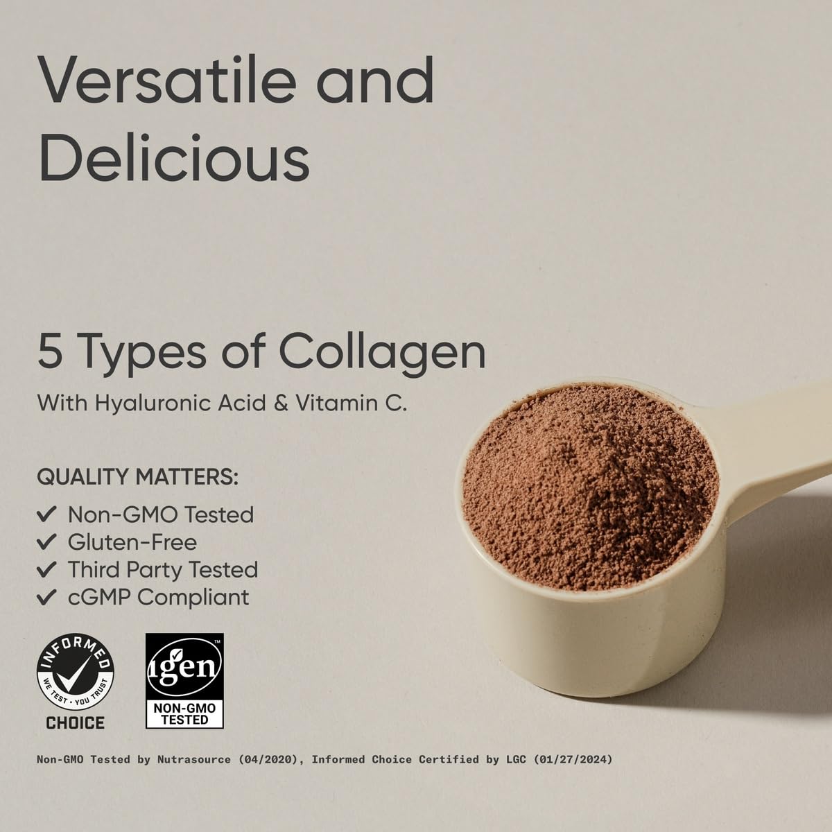 Close-up of chocolate collagen powder in a scoop