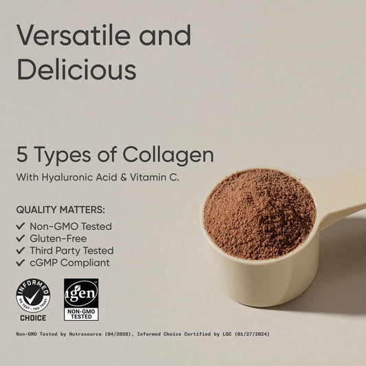 Close-up of chocolate collagen powder in a scoop