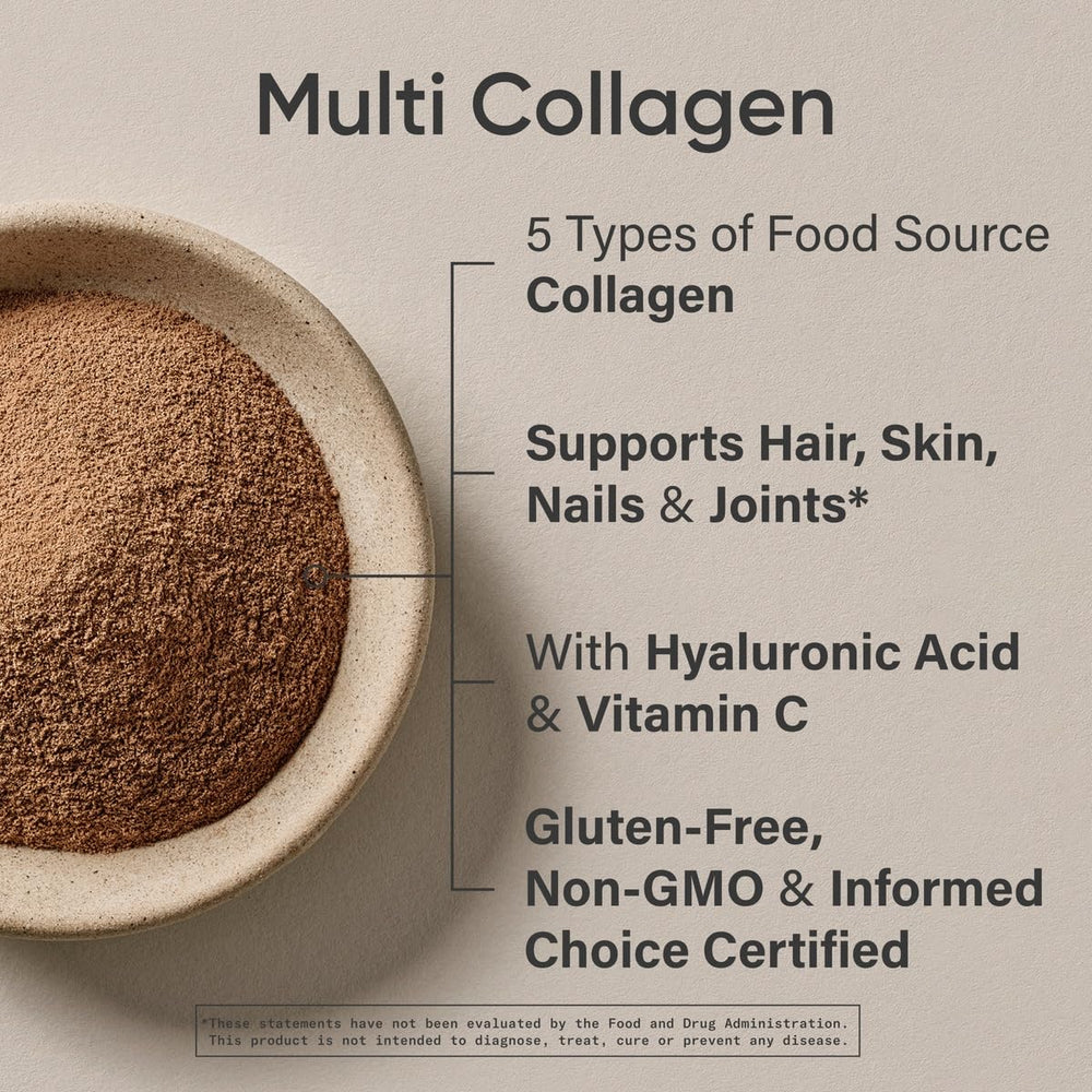 Jar and scoop of chocolate collagen powder on a kitchen counter