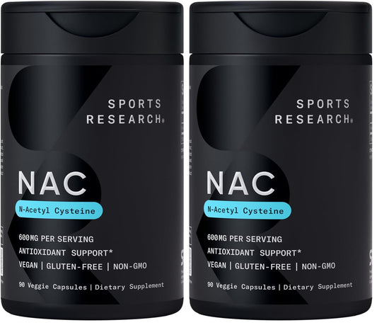 Front view of Sports Research NAC 600mg 90 veggie capsules pack 2