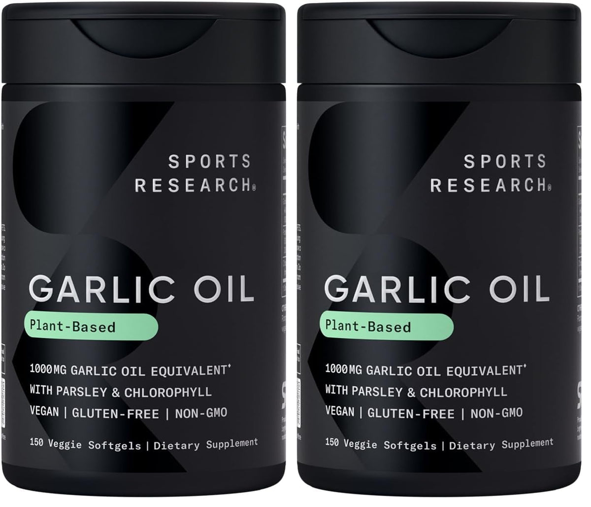 Hero image: Sports Research Odorless Garlic Oil Pills 1000 mg with Parsley and Chlorophyll for a 2-pack.