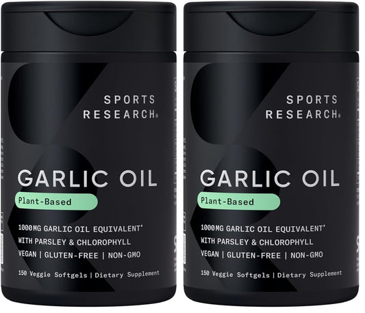 Hero image: Sports Research Odorless Garlic Oil Pills 1000 mg with Parsley and Chlorophyll for a 2-pack.