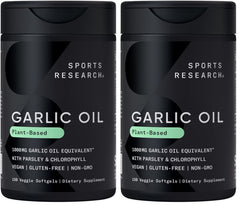 Hero image: Sports Research Odorless Garlic Oil Pills 1000 mg with Parsley and Chlorophyll for a 2-pack.