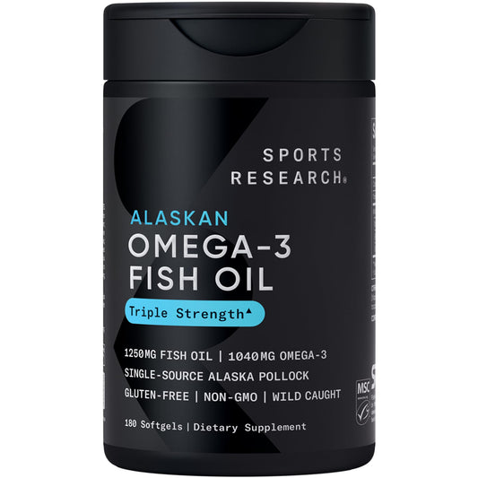 Sports Research Omega-3 Fish Oil bottle and label showing 1250 mg per softgel