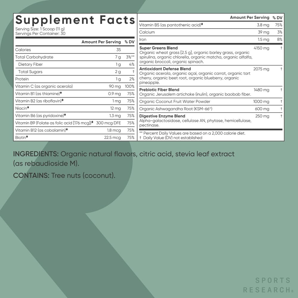 Sports Research Organic Greens Digestive enzyme blend supports comfortable digestion.