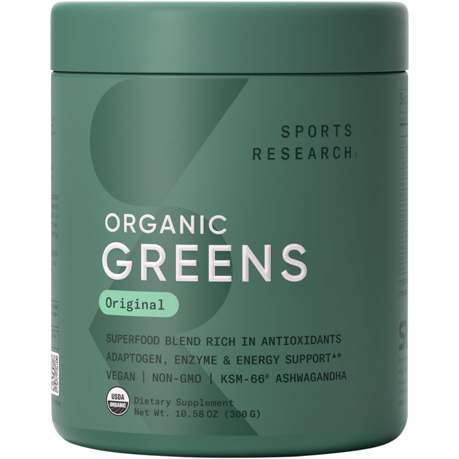 Front view of Sports Research Organic Greens Powder Original flavor bottle