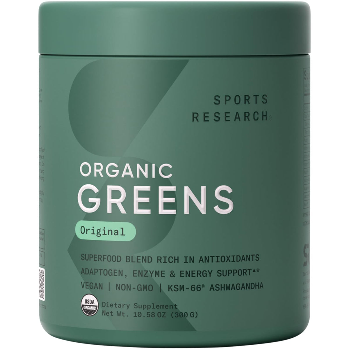 Front view of Sports Research Organic Greens Powder Original flavor bottle