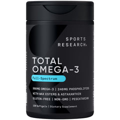 Sports Research Total Omega-3 bottle close-up showing high EPA and DHA.