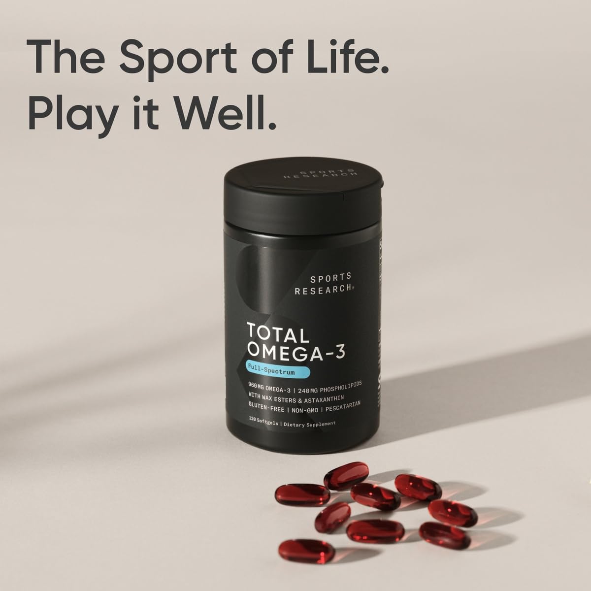 Sports Research Total Omega-3 pescatarian-friendly softgels in bottle.