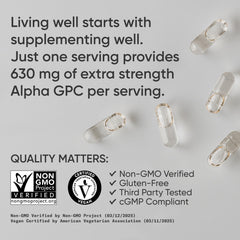 Vegan-certified seal on Sports Research Alpha GPC bottle emphasizing clean sourcing