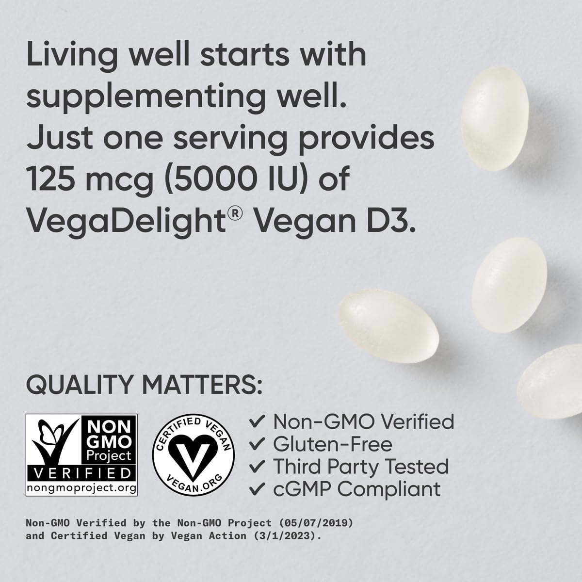 Vegan Certified and Non-GMO Project Verified seals on bottle