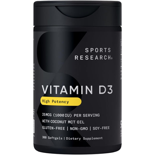 Bottle of Sports Research Vitamin D3 1000 IU with Coconut MCT Oil