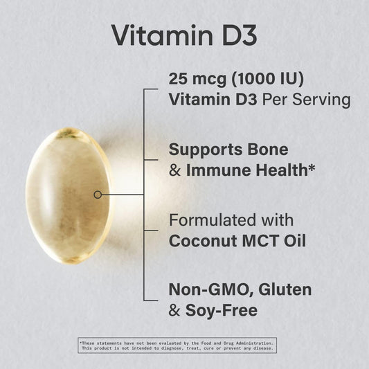 Vitamin D3 1000 IU softgels with coconut MCT oil close-up