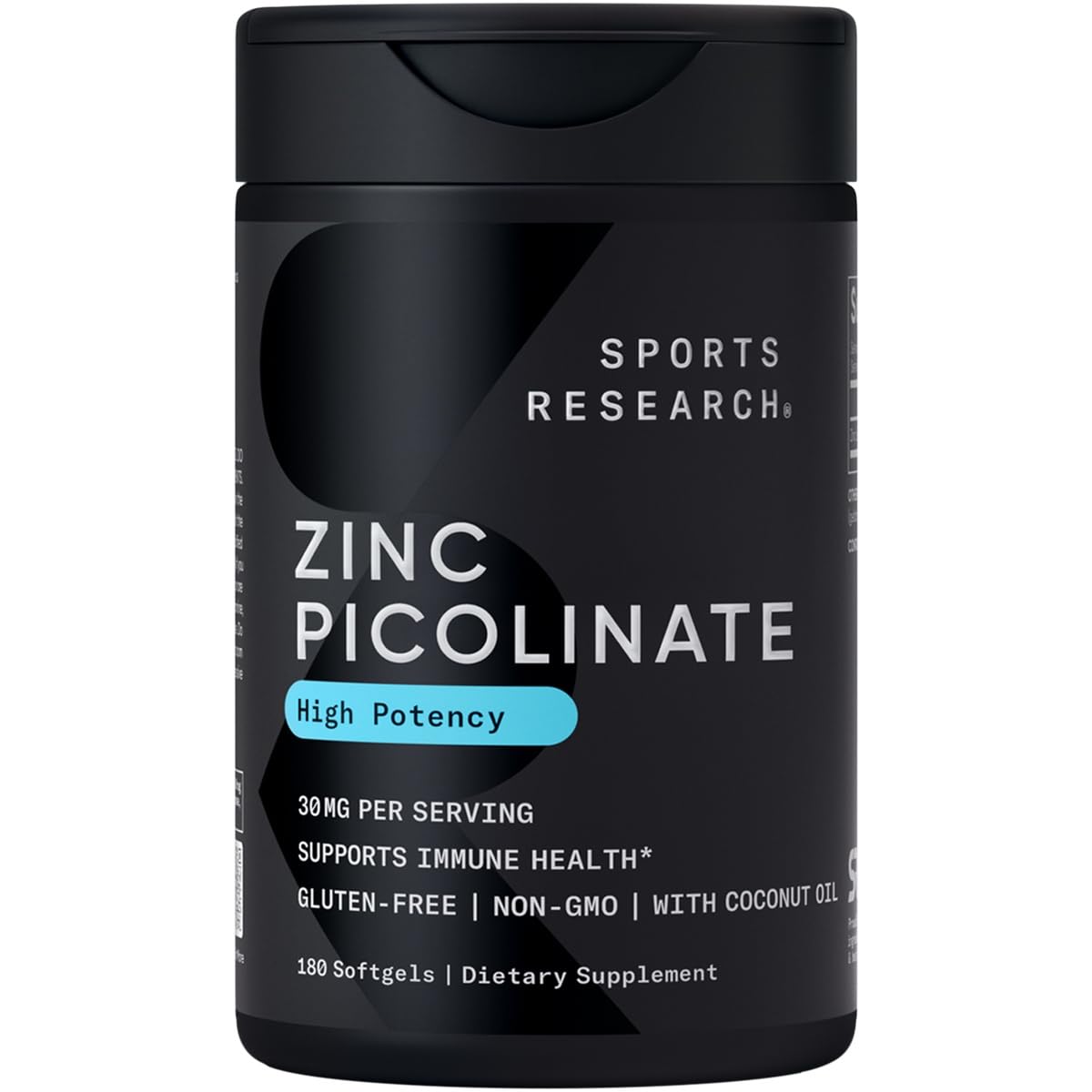 Bottle of Sports Research Zinc Picolinate 30mg with Organic Coconut Oil