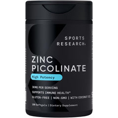 Bottle of Sports Research Zinc Picolinate 30mg with Organic Coconut Oil