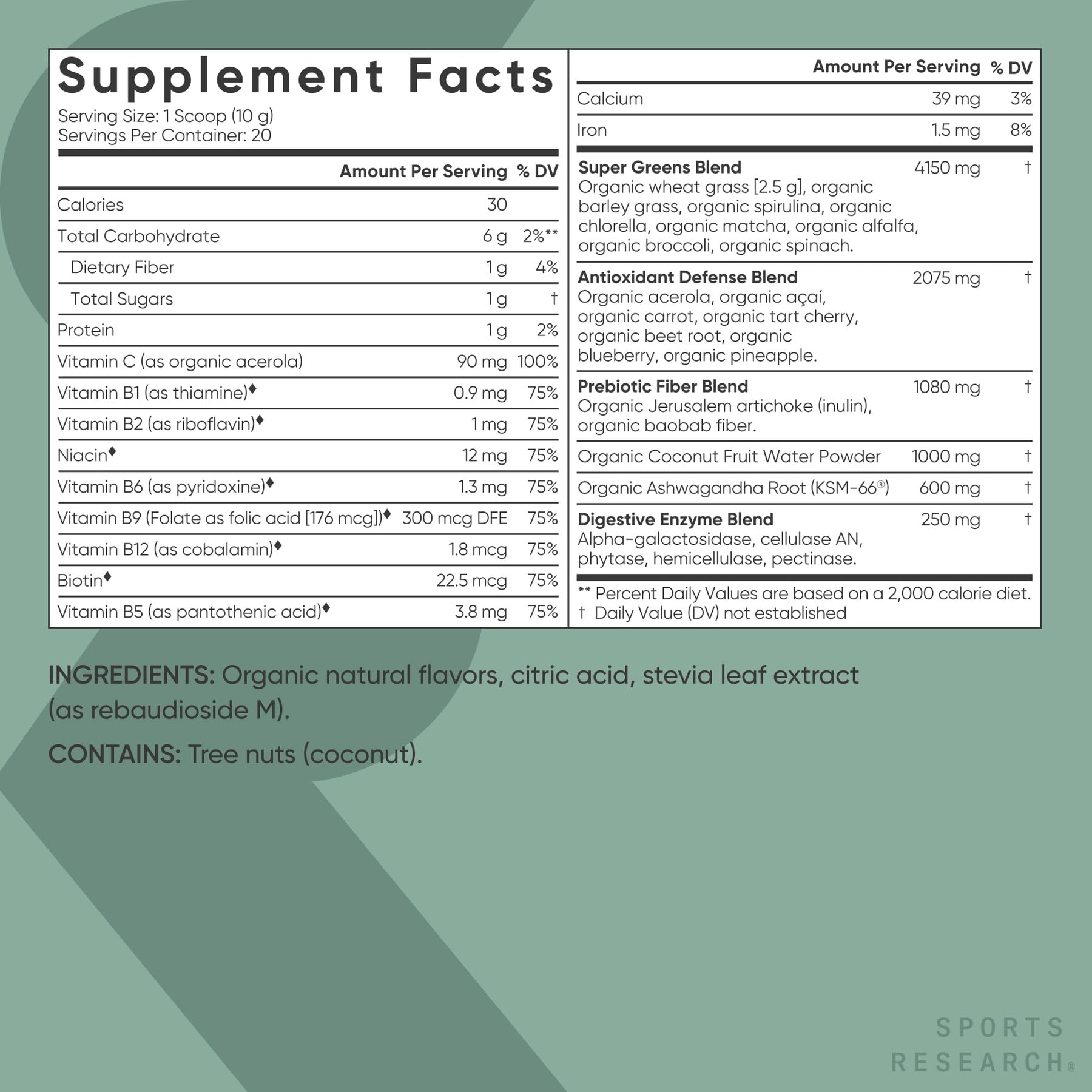 Prebiotic fiber from baobab and Jerusalem artichoke in greens powder