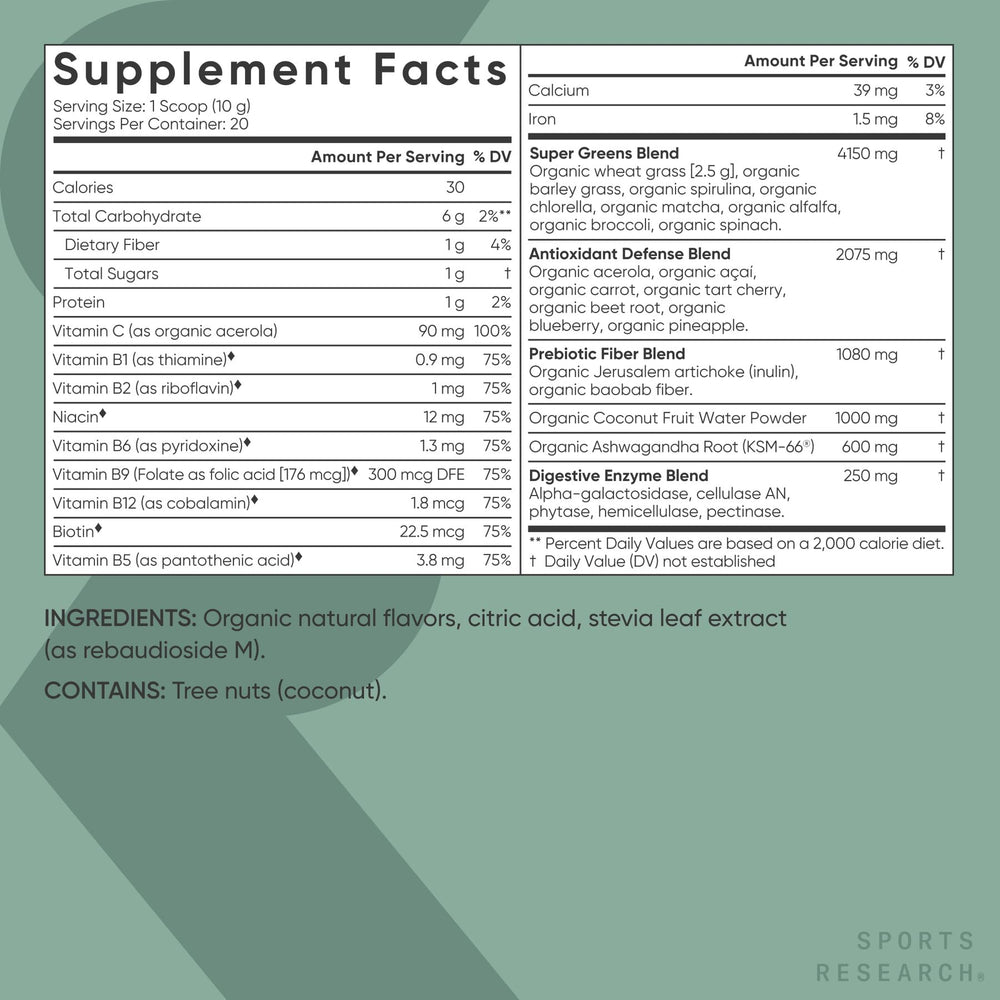 Prebiotic fiber from baobab and Jerusalem artichoke in greens powder