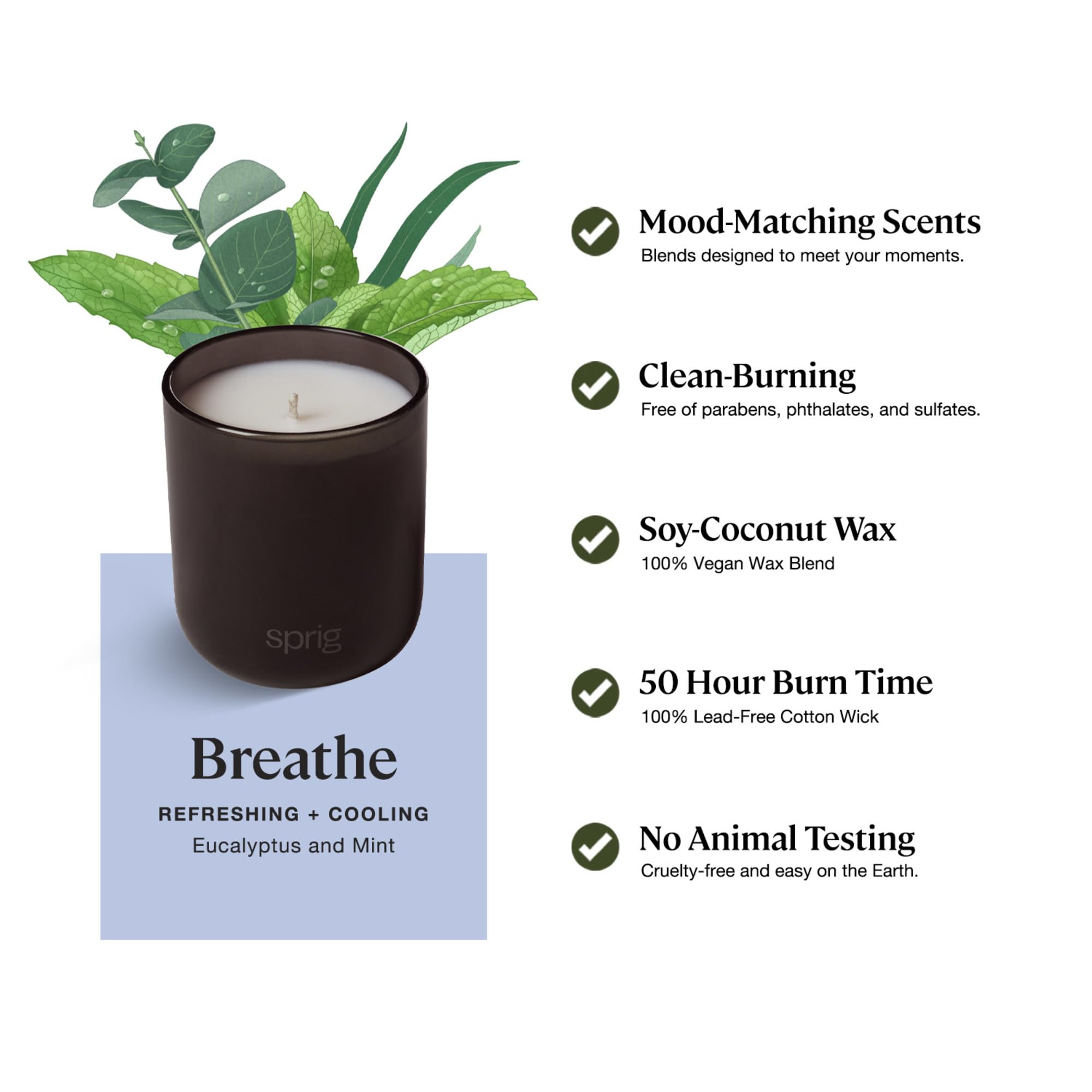 Sprig Breathe candle jar displaying 50 hour burn time concept