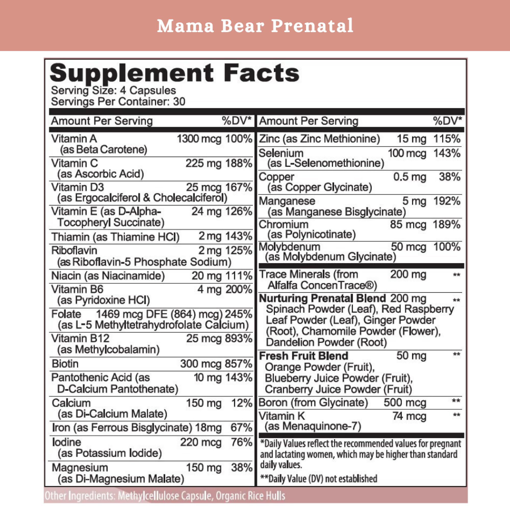 Product packaging and capsules displaying easy-to-digest prenatal formula