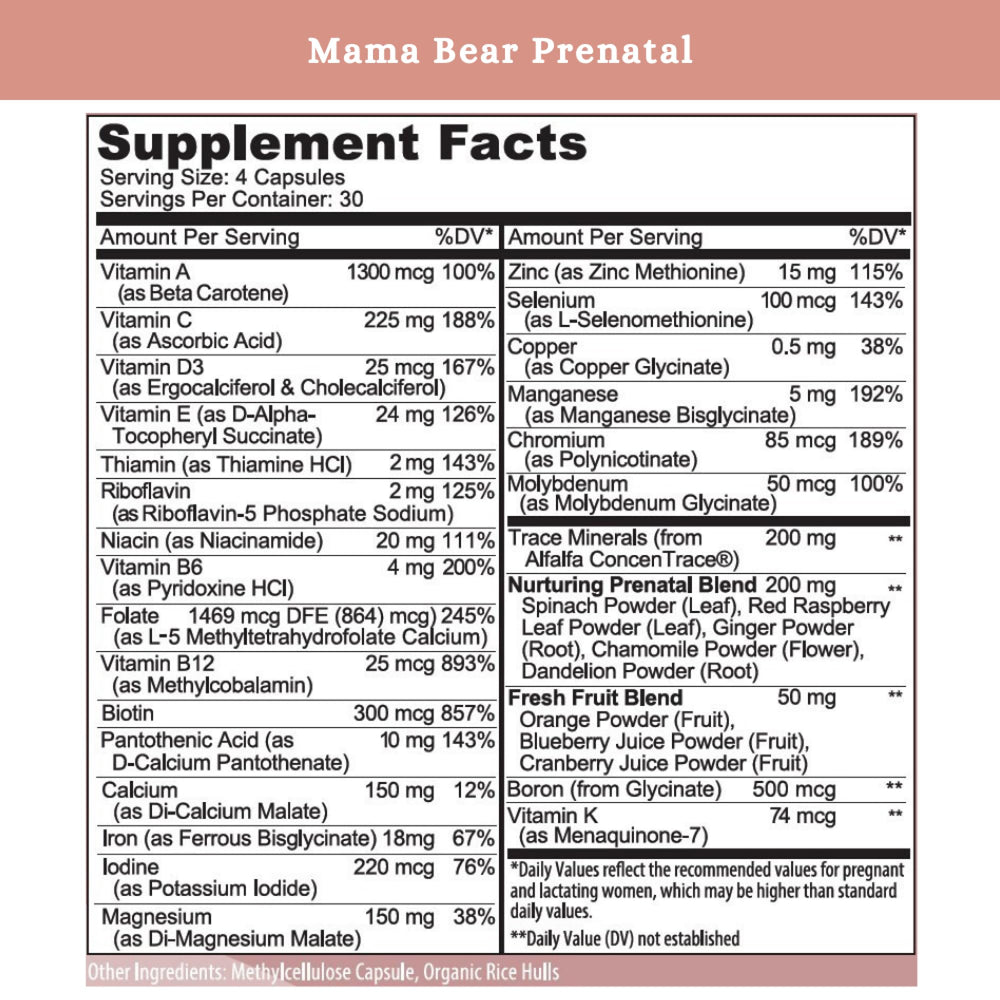 Product packaging and capsules displaying easy-to-digest prenatal formula