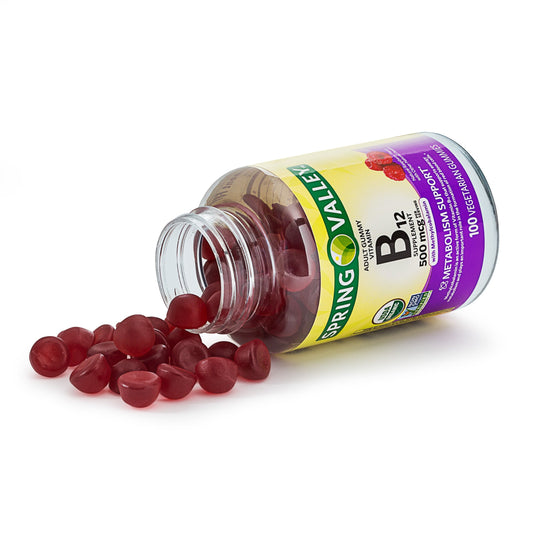 Close-up of Spring Valley Vitamin B12 Gummies showing natural fruit flavors