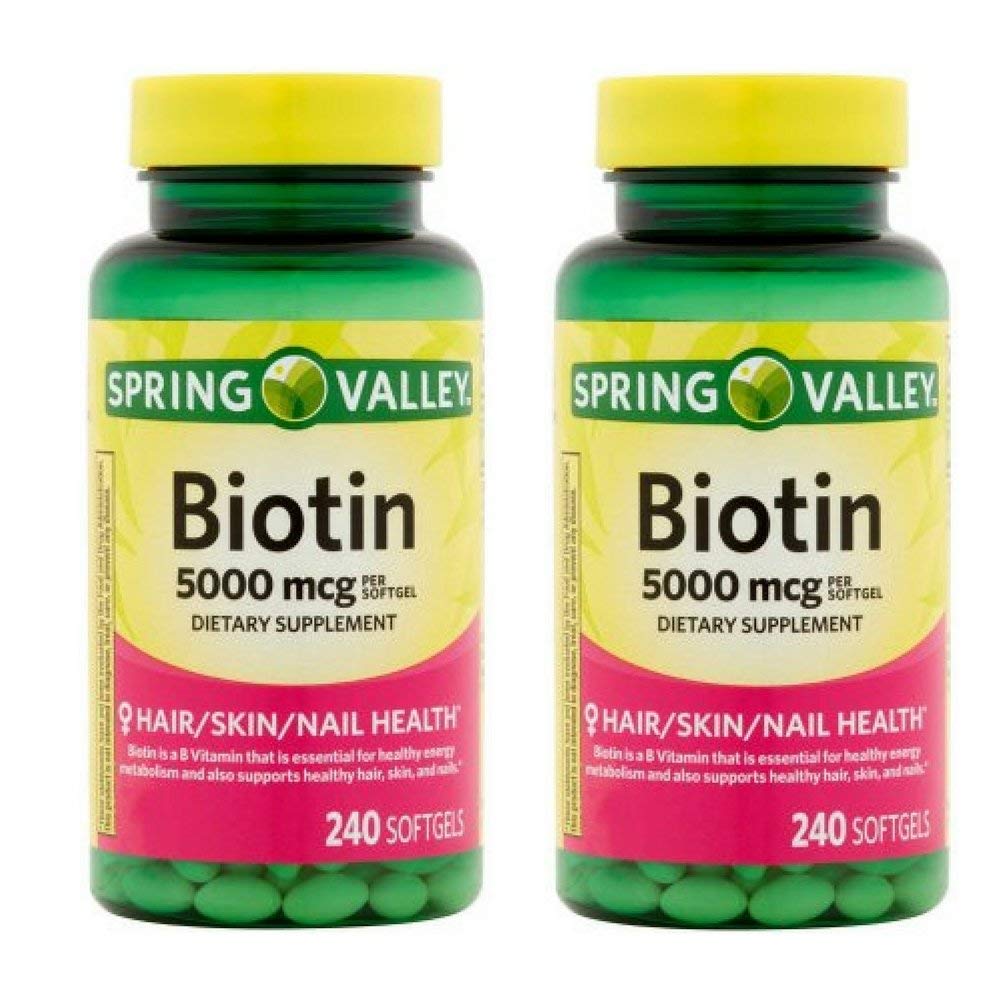 Front view of Spring Valley Biotin 5000 mcg softgels bottle in a 2-pack
