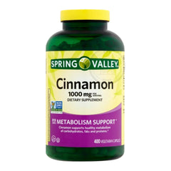 Back label view of Spring Valley Cinnamon 1000 mg 400-count bottle
