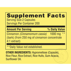 Close-up of Cinnamon 1000 mg label on bottle