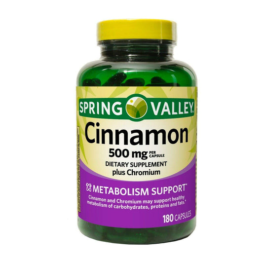 Bottle of Spring Valley Cinnamon 500mg Metabolism Support capsules