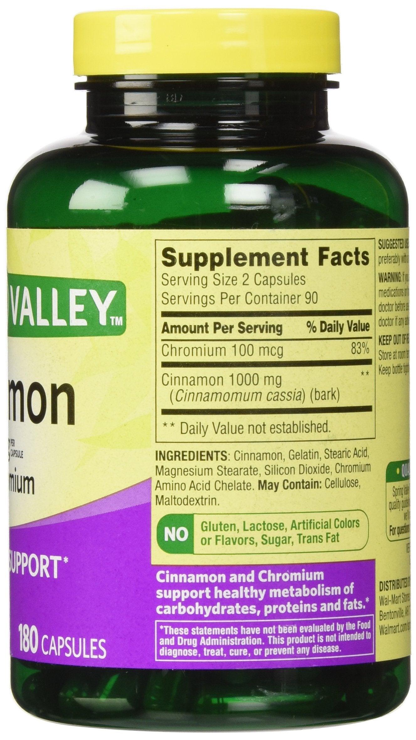Back nutrition panel of Spring Valley Cinnamon 500mg + Chromium Twin Pack