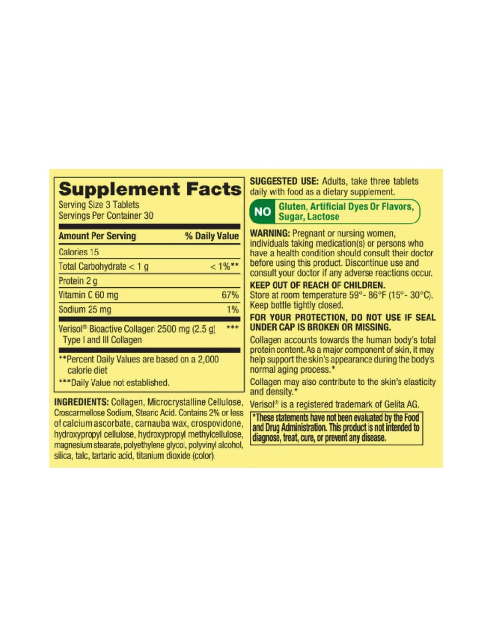 Serving size showing 3 tablets per day for Spring Valley Collagen + C 2,500 mg