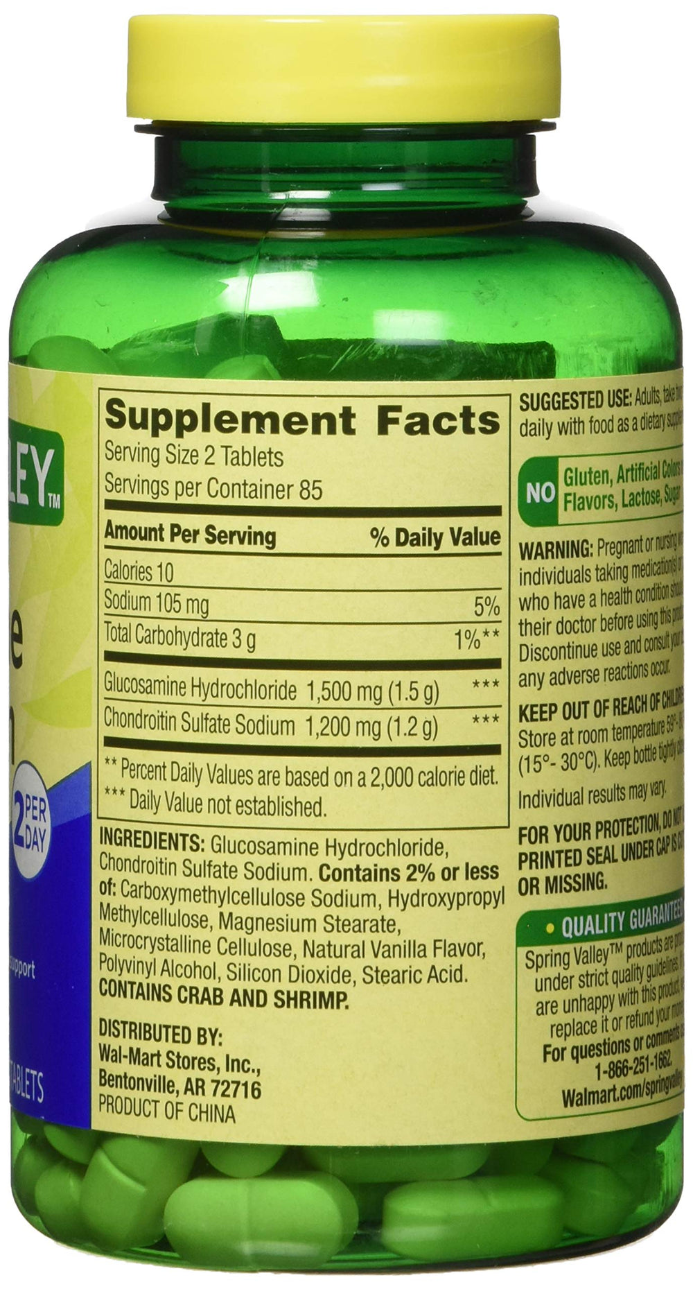 Spring Valley Glucosamine Chondroitin bottle side shows high-potency formula for joints