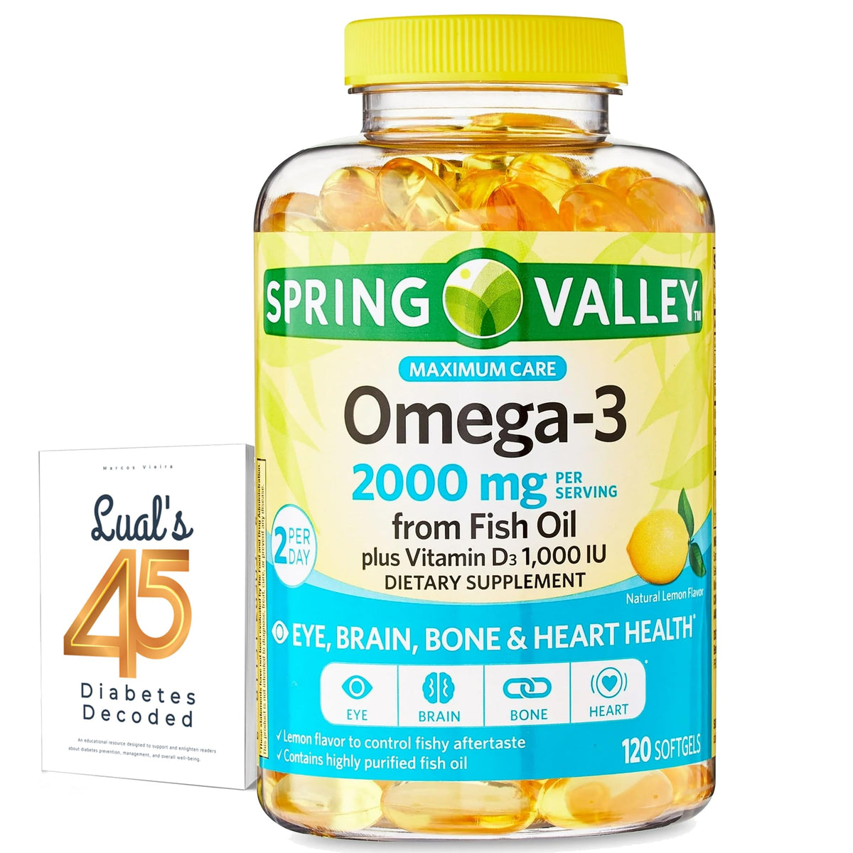Spring Valley Omega-3 2000 mg softgels bottle showing omega-3 content