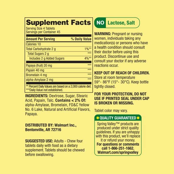 Nutrition facts panel for Spring Valley Papaya Enzyme Complex