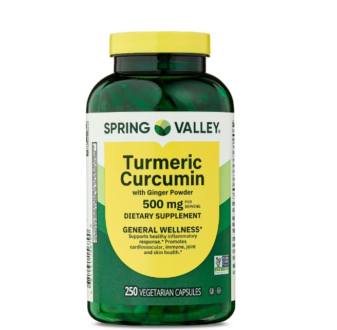 Bottle of Spring Valley Turmeric Curcumin 500 mg capsules with ginger