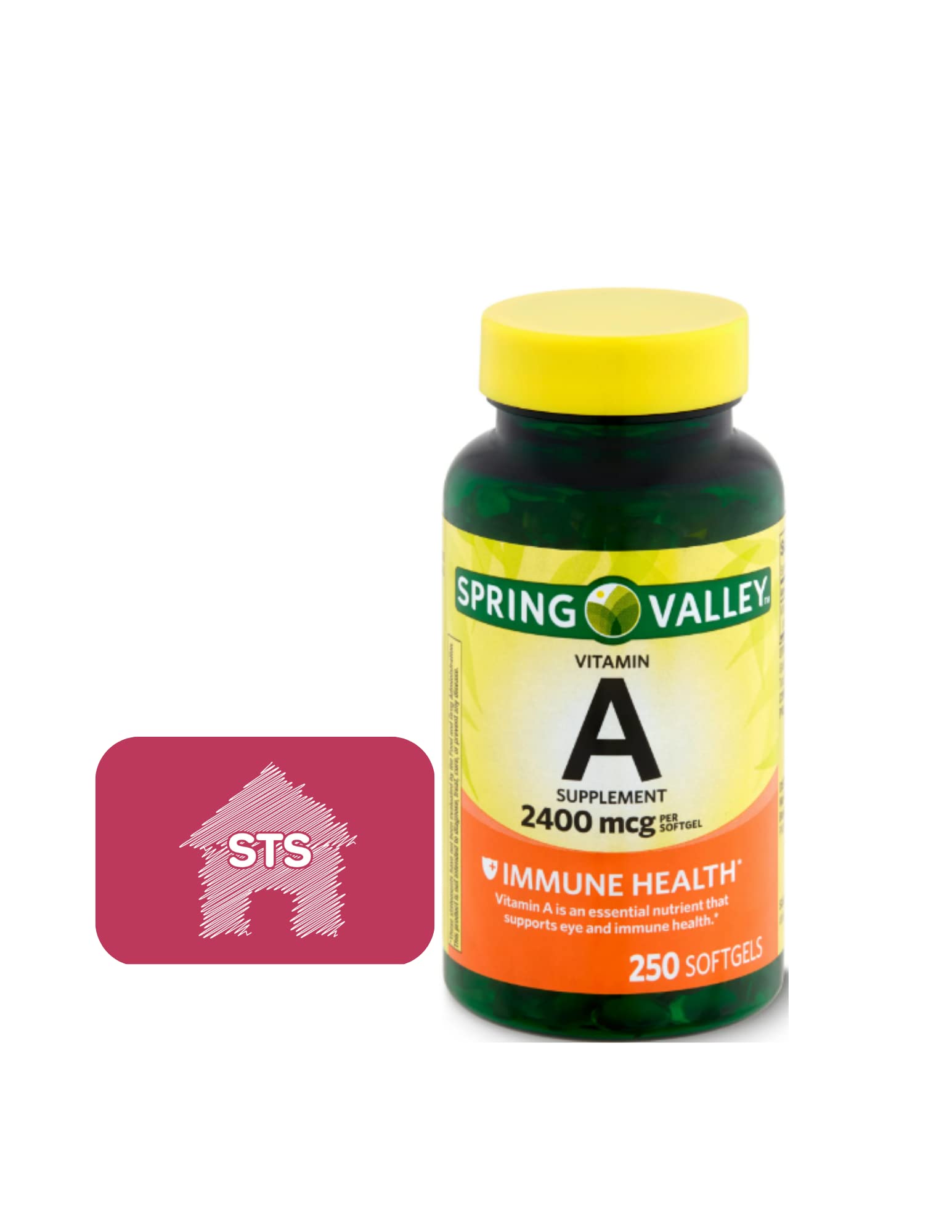 Spring Valley Vitamin A supplement bottle with 250-count packaging