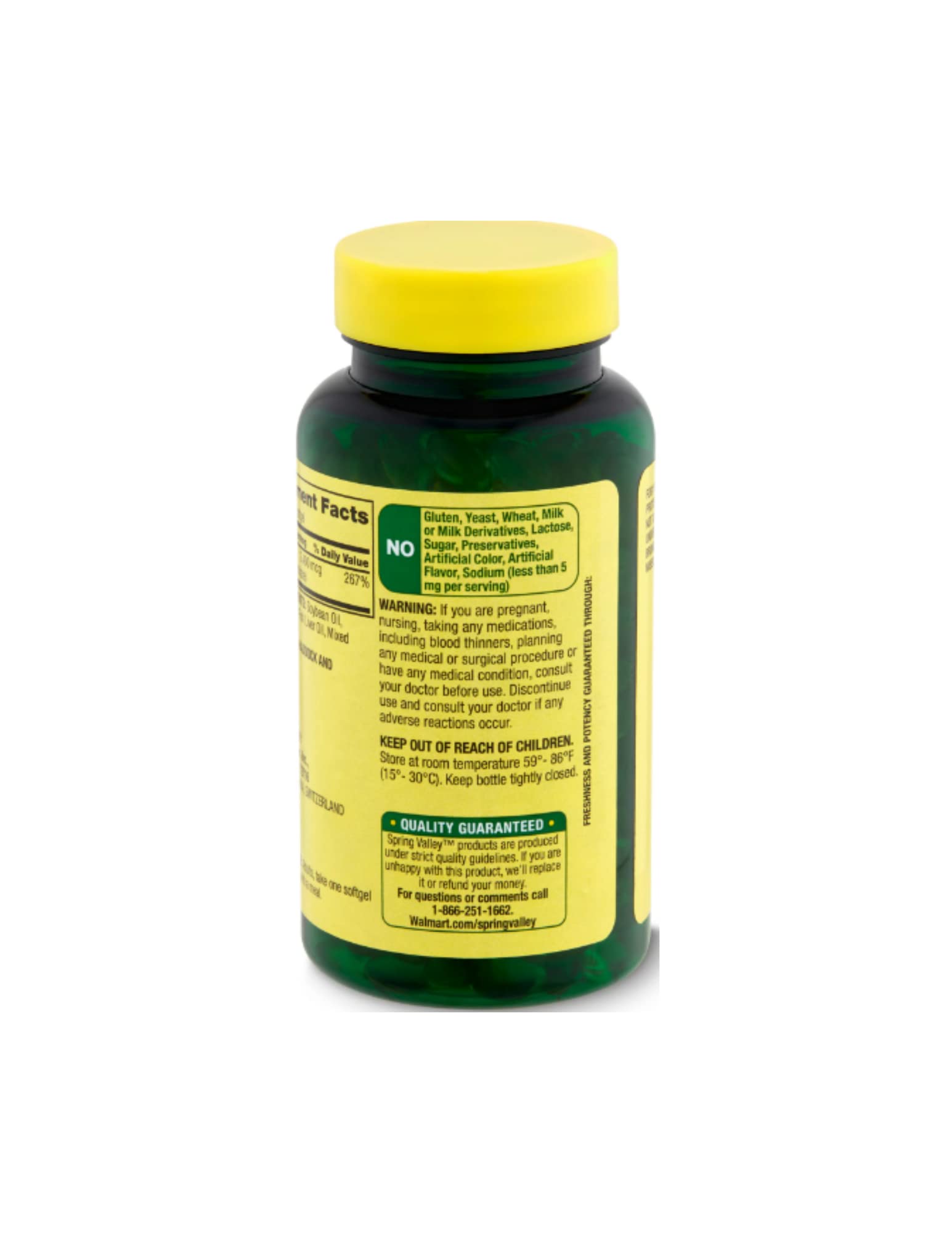 Nutrition facts panel for Spring Valley Vitamin A 2400 mcg