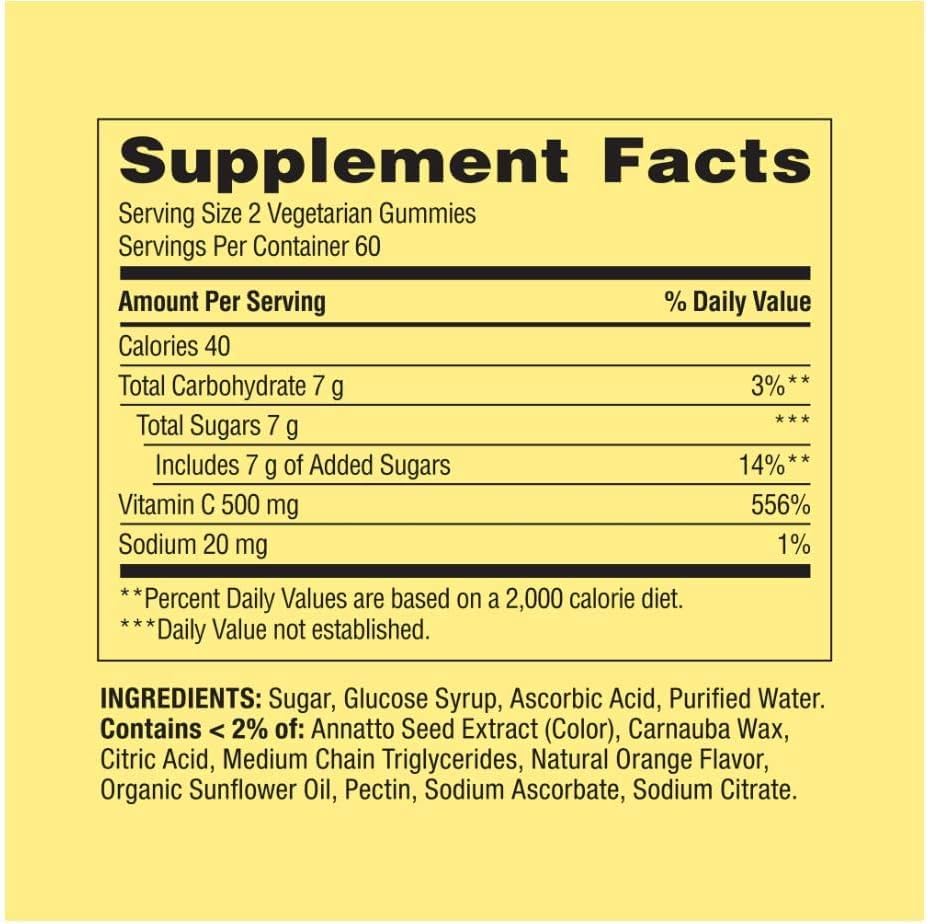 Two orange-flavored vegetarian vitamin C gummies