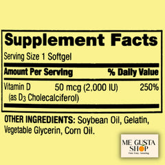 Close-up of Vitamin D3 label: 50 mcg (2,000 IU)
