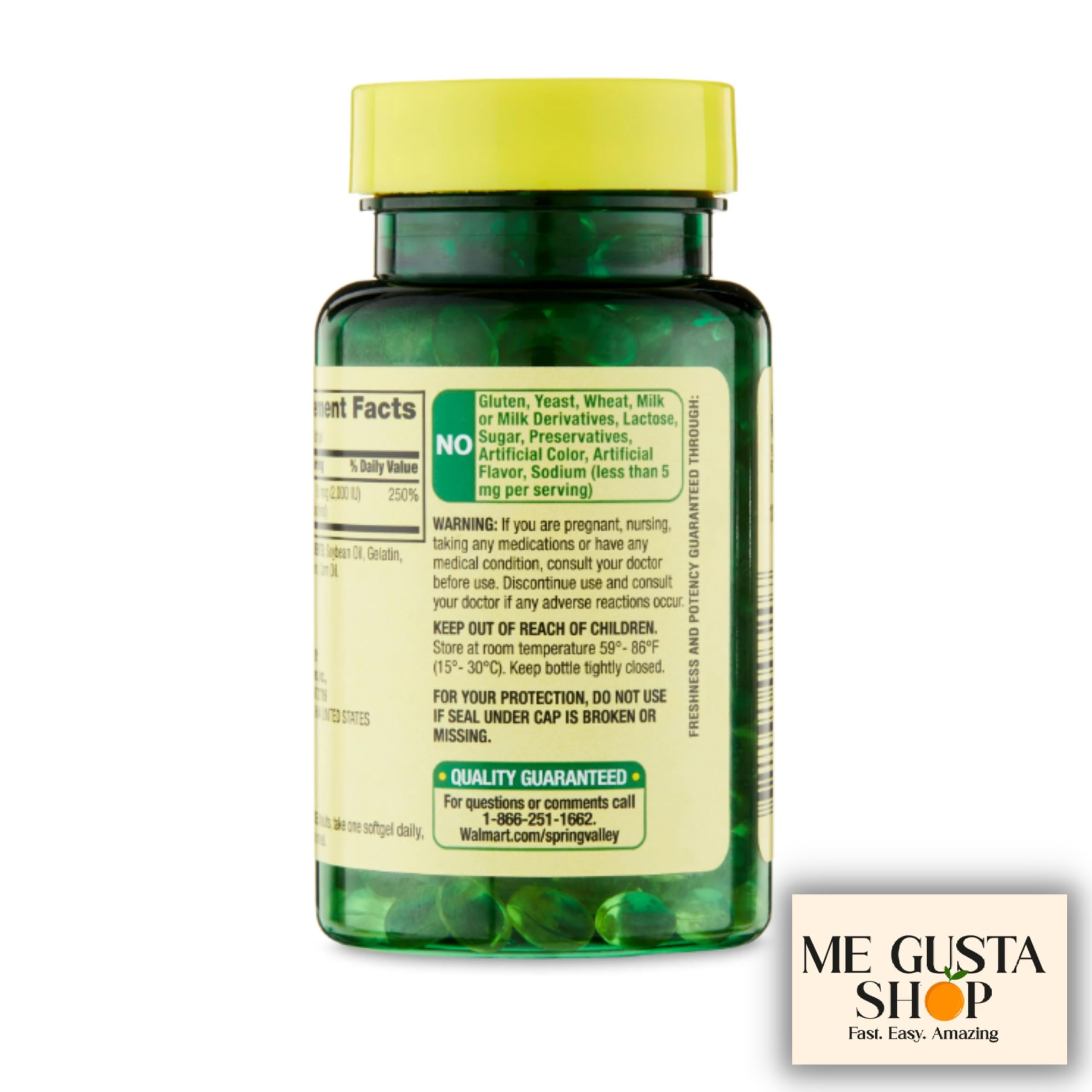 Open bottle showing 200-count capsules